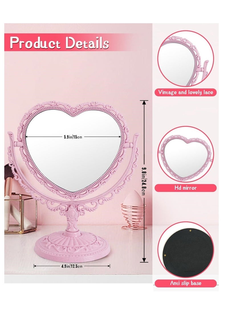 مرآة مكياج على شكل قلب، ذات وجهين، لون وردي - Image 2